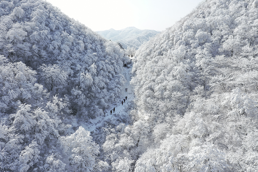 雪后初霁的旌歙古道 银装素裹分外妖娆