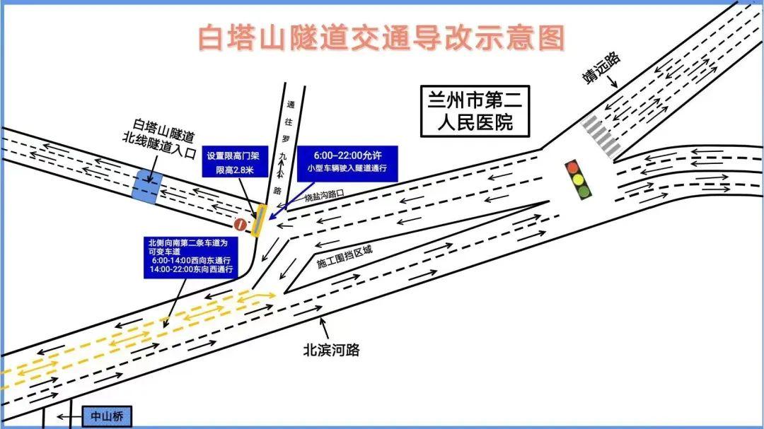 7月6日起，兰州白塔山隧道北线东向西方向两车道单向通行