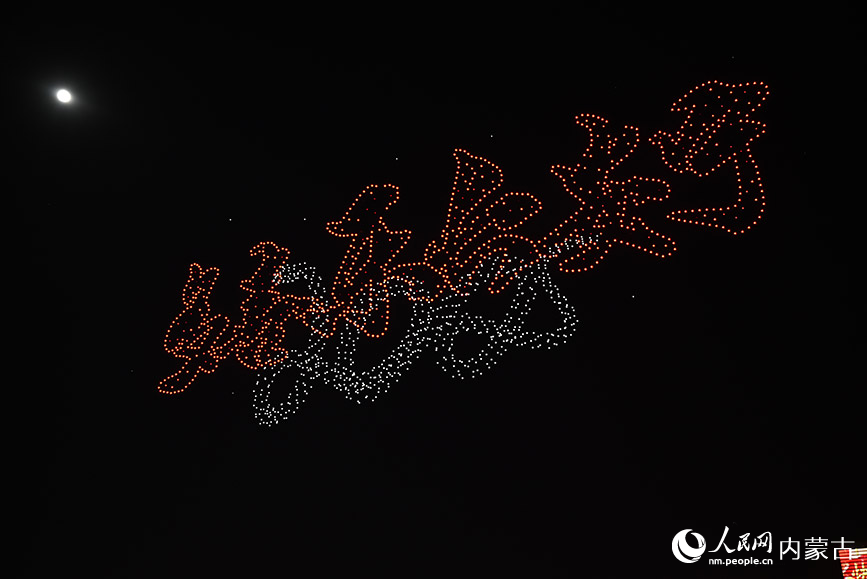 内蒙古鄂尔多斯:“科技范儿”点亮元宵夜 2025架无人机在鄂尔多斯市康巴什区焰火晚会上表演。人民网记者 刘艺琳摄